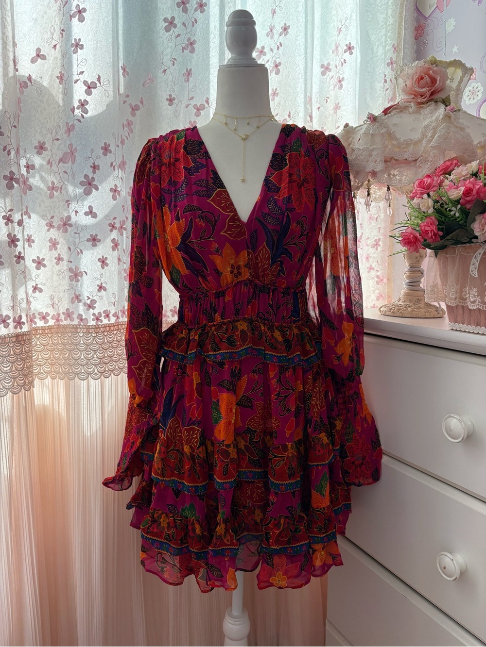 Farm Rio Tropical Tapestry Tiered Puff Sleeve Dress